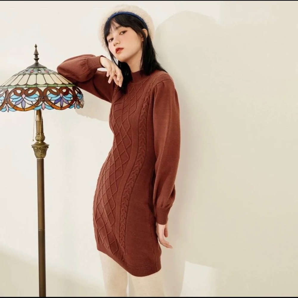 ✨HPx3✨NWT brown mock neck knit long sleeve sweater dress - Picture 1 of 8